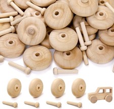 72 Pack Wooden Toy Car Wheels and Sticks for Craft 1.5'' x 1/2'' Axle Set picture