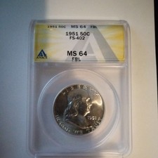 1951-P Franklin Half Dollar FS-402 MS64 FBL ANACS — Obverse Die Clash picture