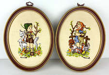 Vtg 1970s Hummel Crewel Stitch Paragon Stitchery Girl Boy Oval Frame Set of 2 picture