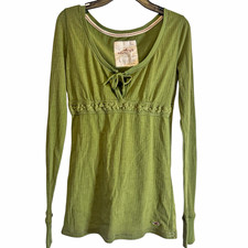 Hollister Y2K Top Green Long Sleeve Babydoll Scoop Neck Tie Front Knit Cotton L picture