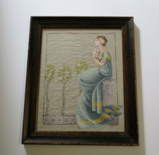 ANTIQUE NEEDLEPOINT HAND MADE PORTRAIT PRETTY WOMAN ART DECO NOUVEAU MODEL RARE picture