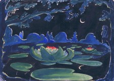 Antique 1900s Original Watercolor Postcard Water Lilies Night Moon German Back picture
