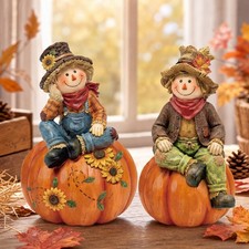 2 Pcs Fall Scarecrows Figurines Wooden Thanksgiving Table Decor picture