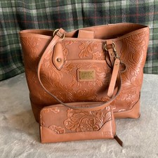 Frye and Co Floral Embossed Tote Bag and Matching Wallet Set Cognac Brown picture