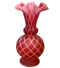 Vintage Fenton Cranberry Opalescent Satin Glass Vase Diamond Optic Ruffle picture