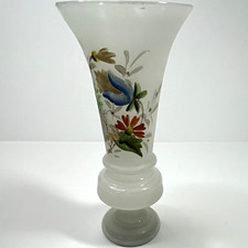 Antique Victorian Bristol Opaline Satin Glass Hand Painted Floral Vase Pontil Bs picture