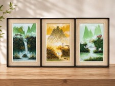Vintage Chen Mao Horsehair Art Set of 3 Signed Asian Landscape Framed picture