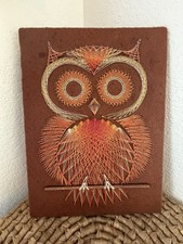 Vtg. Owl String Nail Art 9”X12” Orange & Brown Retro picture