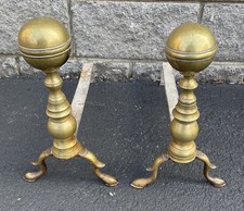 Pair 19th Century Ball Top Brass Andirons W/Spur Legs 15” X 9” X 17” picture