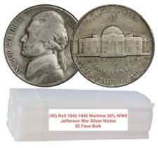 (40) Roll 1942-1945 Wartime 35% WWII Jefferson War Silver Nickel $2 Face Bulk picture