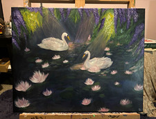 Impressionist Canvas Painting Two Swans Lily Pond Water Lilies Medium Unframed picture