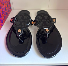 Tory Burch Women’s Black Patent Leather Thong Slip-On Sandals Logo Flat US 8 picture