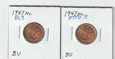 PAIR OF 1947 CANADA MAPLE LEAF CENTS PTTD7 AND BLUNT 7 CHERRY RED BU BOTH picture