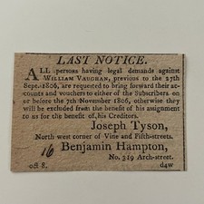Legal Demands W Vaughan Benjamin Hampton 1806 Philadelphia Clipping SAJ6-S3 picture