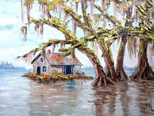 Original Oil Painting Louisiana Bayou Landscape Southern Swamp House Art 8x12in picture