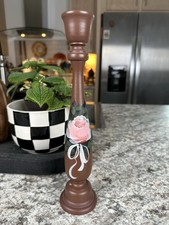 Vintage Hand-Painted Wooden Candlestick Holder – Pink Rose Floral Folk Art 11.5” picture