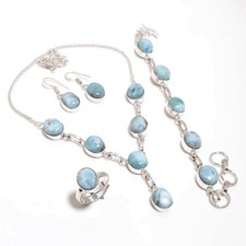 Natural Dominican Republic Larimar Gemstone 925 Silver Handmade Jewelry Set picture