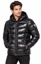 Guess Mens Puffer Jacket New L Black Shiny Glossy Full Zipper Pockets Hooded picture