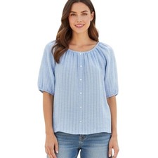 TALBOTS Linen Peasant Blouse Top BLUE CHAMBRAY STRIPE Elastic Puff Sleeve SP S-P picture