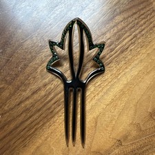 Vintage Art Deco Celluloid Hair Comb. Green rhinestone in black finish.  picture