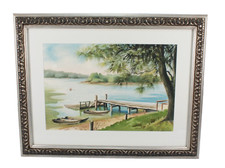 Vintage Lakeside Country Scene Watercolor Painting Signed Michelle Lemay Flesher picture