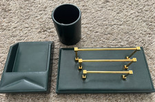 Stuart Kern America Office Set Envelope Letter Holder Pen Basket Dark Green Lthr picture