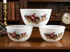 Vintage JAJ Pyrex English Hunting Scene Opal Glass Bowls Set picture