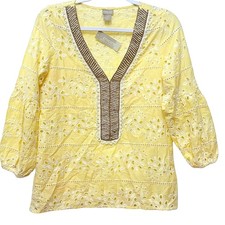 Chico's Women's Yellow Embroidered Floral Balloon Sleeve Blouse Top Size 0 US 4 picture