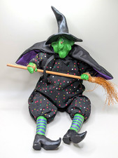 Vintage Russ Berrie & Co Halloween Witch Weighted Doll Shelf Sitter w/Broom 1997 picture