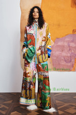 ALEMAIS Silk hand-painted oil painting set retro printed loose shirt+pants women picture
