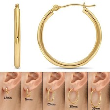 14K Real Solid Yellow Gold Shiny Polished Round Creole Hoop Earrings All Sizes picture