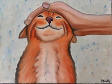 Original oil painting 11 x 14 inch happy colorful orange tabby cat being petted picture