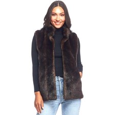 DONNA SALYERS FABULOUS-FURS Lined MINK FAUX FUR Brown POCKETS Hook & Eye VEST M picture