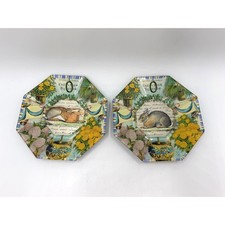 John Derian Decoupage Octagon Plate Tray Bunny Rabbit Botanical Signed Set Of 2 picture