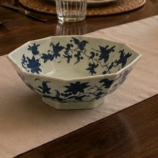Antique Qing Dynasty Hand Painted Bowl Octagonal Glazed Blue Celedon Marked EUC picture