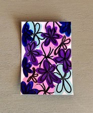 ACEO Orignal Art Card Mixed Media Funky Purple and Blue Flowers picture