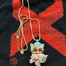 Gold Tone Cat Charm Pendant Necklace Pavé Clear Rhinestones Enamel Adjustable picture