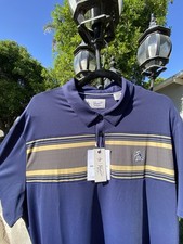 Original Penguin Men's Golf Polo Shirt L Blue/Yellow/Gray Striped Stretch Logo picture