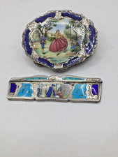 Vintage 800 Silver Enamel Compact Powder Mirror Enamel and Comb picture