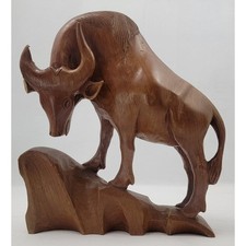 Vintage Hand Carved Wood Bull Buffalo Sculpture Folk Art Animal Statue Decor picture