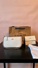 Coach White Embossed Logo Zip Wristlet Pouch w/ Gold Chain Strap, Dust Bag picture