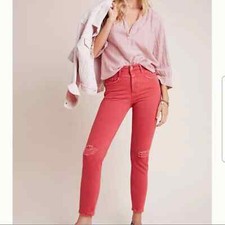 Anthropologie Pilcro Jeans Sz 26 High Rise Slim Skinny Distressed Red NEW picture