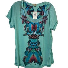 Energe World Wear Top Colorful Beaded Butterfly Teal Women’s 1X NWT $40 picture