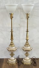 Pair Vintage Stiffel Torchiere Table Lamps Brass & Enamel Hollywood Regency MCM picture