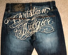 CHRISTIAN AUDIGIER RARE VINTAGE BLUE JEANS LEATHER EMBROIDERED STUDS SZ 30 NWOT picture