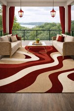 Burgundy Cream Hand Tufted Wool Area Rug Abstract Mid Century Modern Retro picture