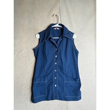 Vintage Navy Blue Sleeveless Button Front Tunic Top Contrast Stitch Pockets 12 picture