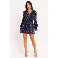 Parker 100% Silk Navy Ikat Print Mini Dress Bell Sleeve Size Small picture