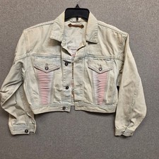 Vintage LA Gear Denim Jacket Acid Wash Cropped Pink Lattice 80s 90s Medium picture