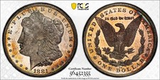 1881 CC $1 Morgan Dollar PCGS MS63 PL-Proof Like Gold Shield Monster Toned Coin picture